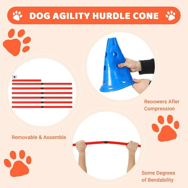 GloryStar Dog Agility Hurdle Cone Set, Dog Agility Training Equipment with 12 Agility Cones 6 Agility Rods 2 Rod Buckles, Dog Agility Course Set Puppy Obstacle Course Jump with Storage Bag for Outdoor