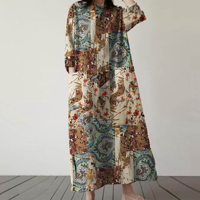 Meichang Robes Rétro pour Femmes Grande Taille en Coton et Lin Robes Maxi Imprimé Vintage Col Rond Manches Longues Robes Amples Décontractées de Plage et de Vacances avec Poches Kaki P