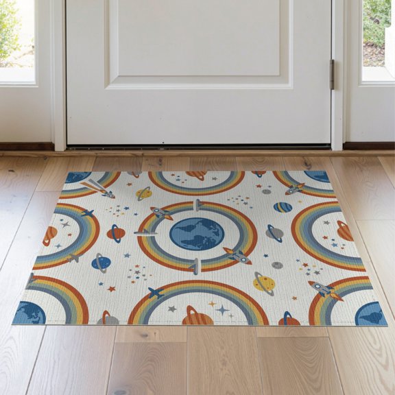 ODIKA 2'x3' Washable Accent Rug Educational Border Cartoon Galaxy Constellation Rocket Motifs Plane Playful for Bedroom, Nursery, RV, Pet Friendly, Bedside Mat
