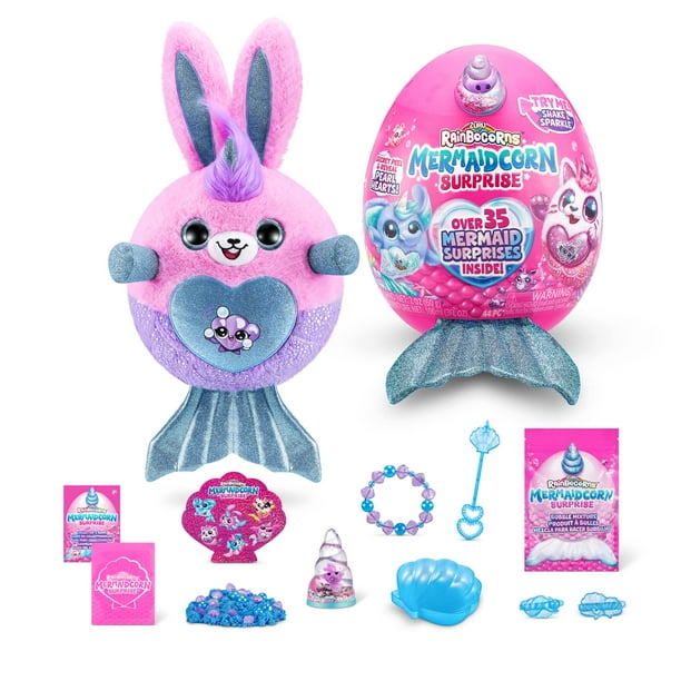 Rainbocorns Mermaidcorn (Conejito) de Zuru Peluche coleccionable Sirena Sorpresas Abrazo Peluche Animal de peluche Sorpresa Huevo Pegatinas Arenas mágicas y mezcla de burbujas para niñas de 3 años en