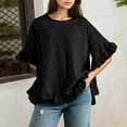 thumbnail image 2 of Blouse à Col à Volants pour Femmes - Chemise Boutonnée à Manches Courtes d'Été, Coupe Ample Décontractée Col Rond avec Détails Féminins (Noir / m), 2 of 7