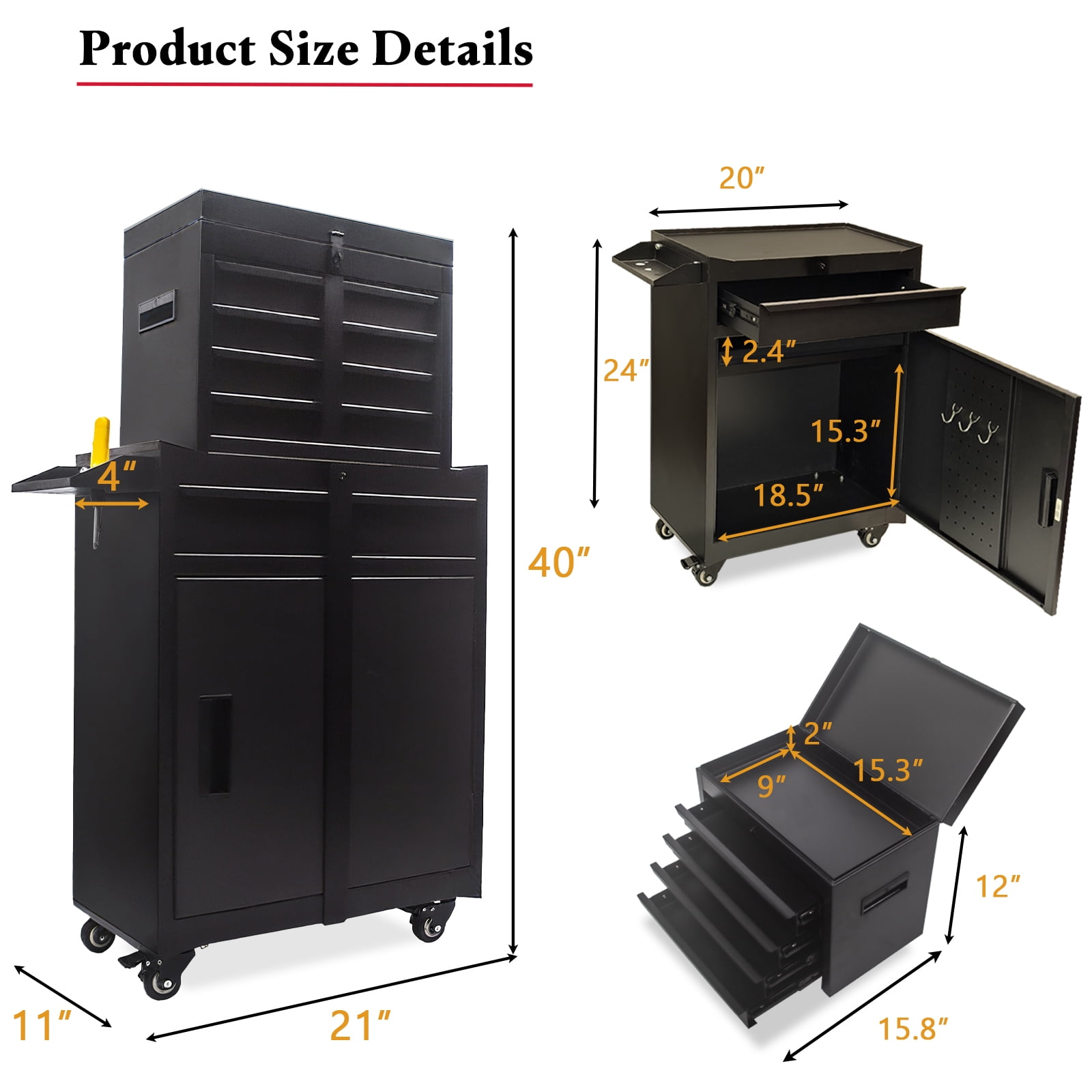 Rolling Tool Chest, 5 Drawers with Big Cabinet, Tool Trolley with 4 Universal Lockable Wheels and Lock Bar, Great Black Tool Cart for Garage Workshop, Sturdy Heavy Duty Tool Storage, Easy Assemble