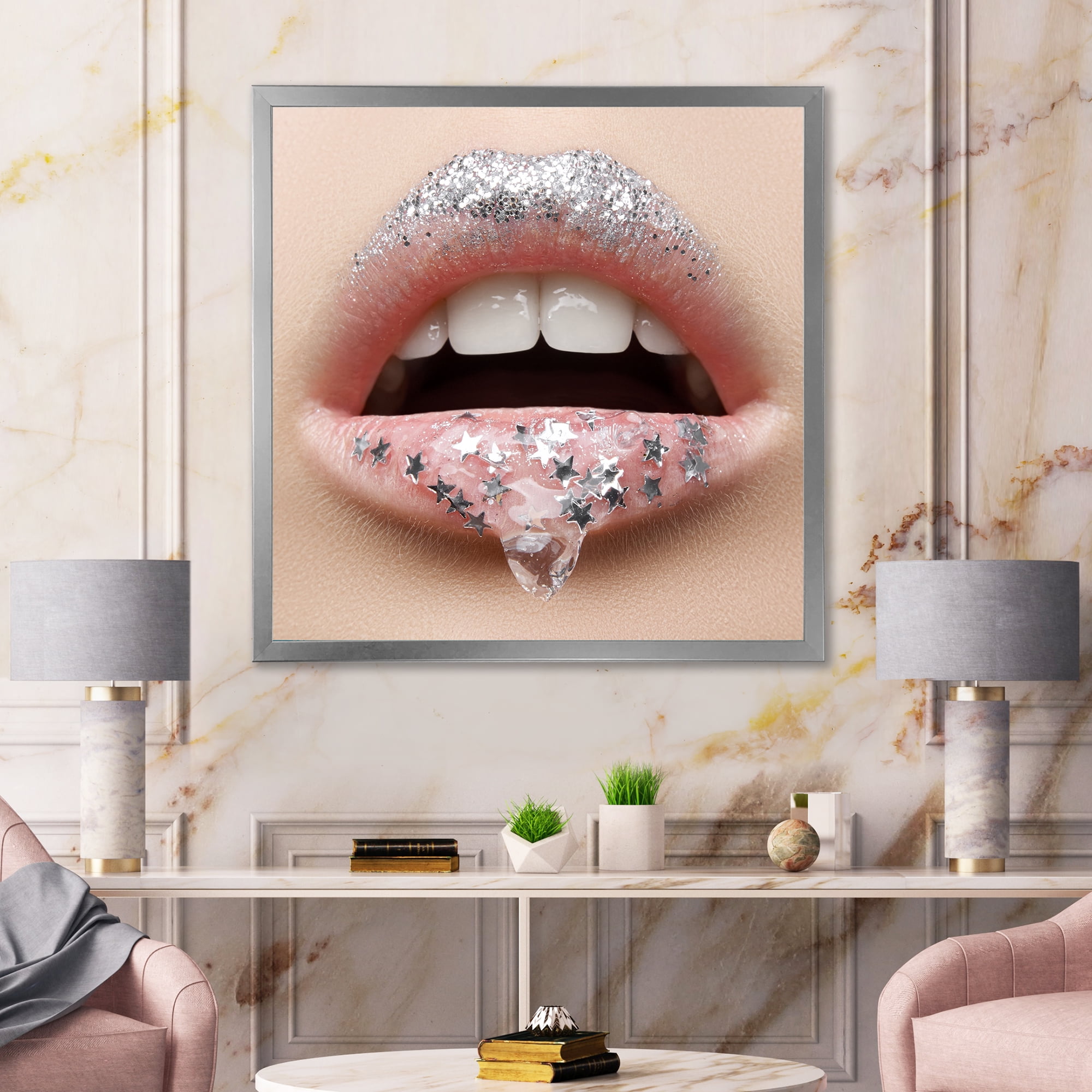 Designart 'Woman Lips With A Gel On The Lips & Stars' Modern Framed Art Print
