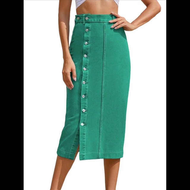 Falda Vaquera Midi Informal con Abertura para Mujer, Elástica, de Cintura Alta, Deshilachada y Abotonada Verde Verde M