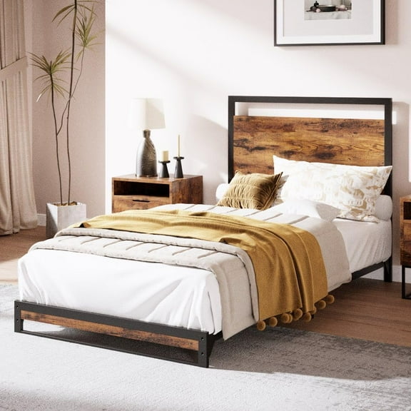 Twin Bed Frame with Wood Headboard and Footboard, Metal Platform Bed Frame with Under Bed Storage, 6 Inch High, No Box Spring Needed, Rustic Brown