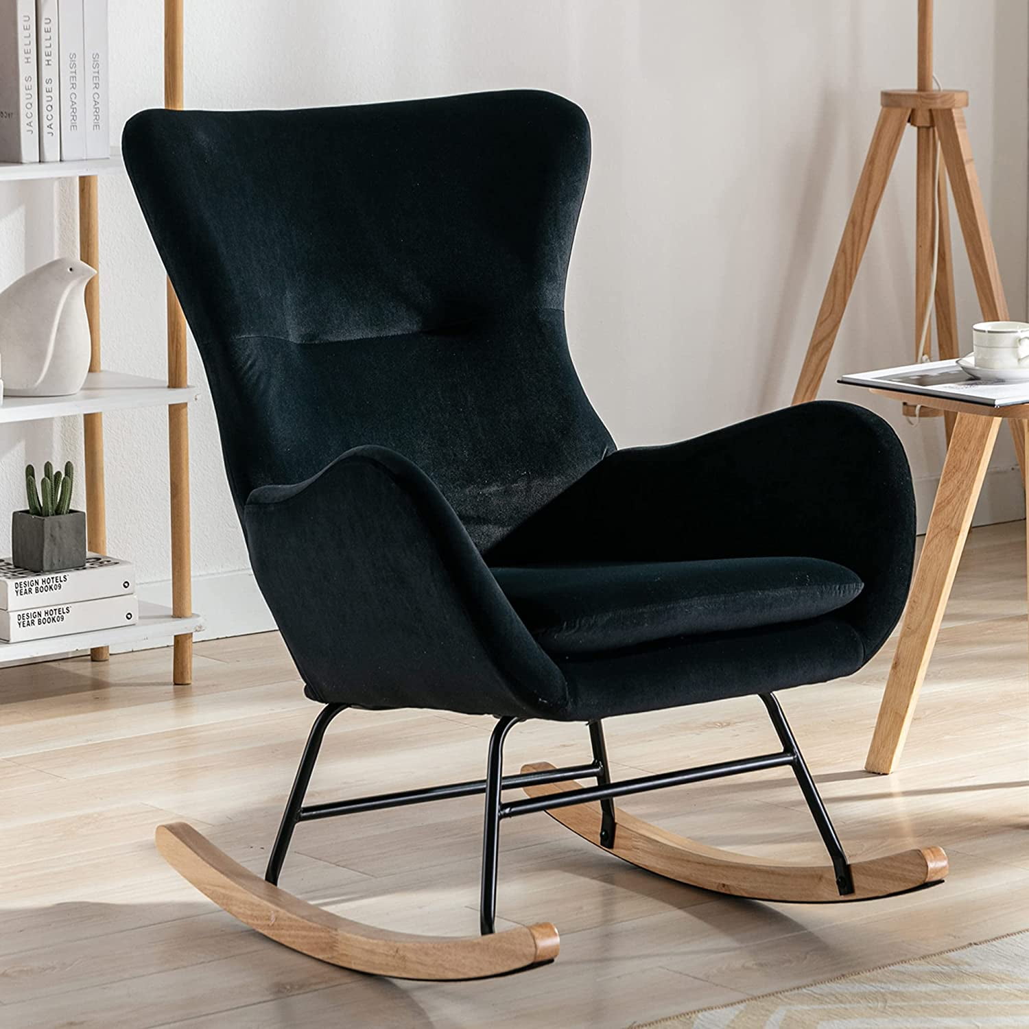 Modern Nursery Rocking Chair Teddy Fabric Padded Seat with High