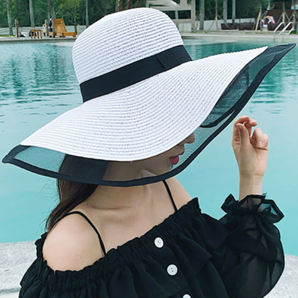 Women Hat Braided Wide Brim Bohemia Mesh Patchwork Sun Protection