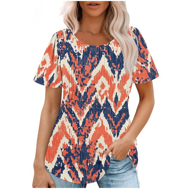 Camisetas de Manga Corta de Verano para las Mujeres Impresas con Cuello Redondo, Poliéster Ligero Top de Verano Casual