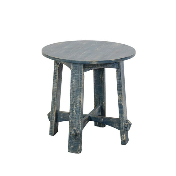 Rena Side End Table- 24 Inch Round Top- Rustic Distressed Blue Wood