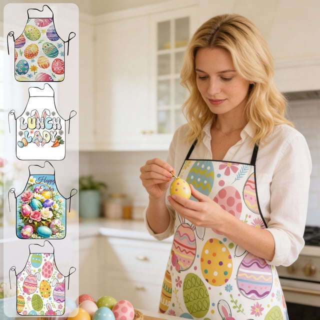 Easter-Themed Apron, Holiday Kitchen Apparel With Rabbit and Egg Print, for Festive Cooking and Parties, Multi-color