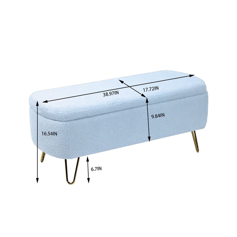 Comfort Stretch 39" Length Storage Ottoman Bench for Living Room,Blue Faux Fur Bedroom Bench with Entryway Oval Storage Upholstered Fabric Footrest Stool Padded Seat with Gold Legs