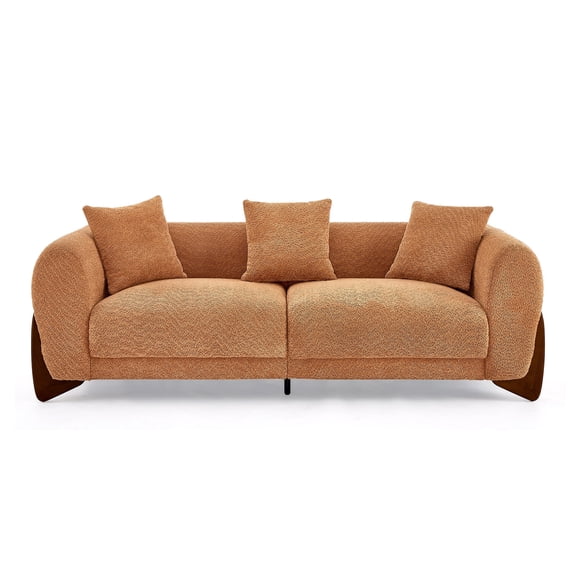 Morden Fort 3-Seater Lamb Fleece Sofa with Wooden Legs, 87" Comfy Upholstered Couch for Living Room, Oversized Cloud Couch with 3 Throw Pillows, Caramel