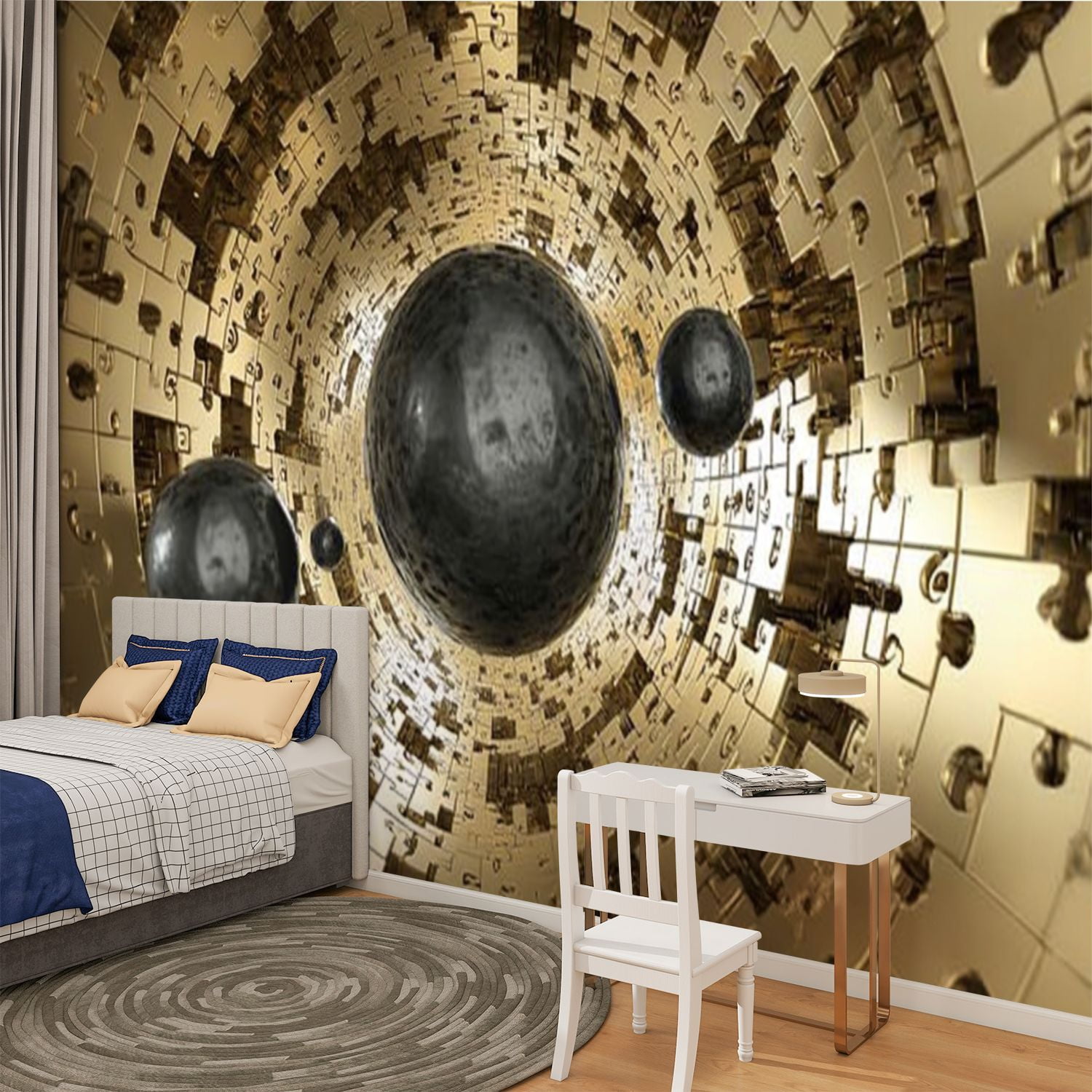 Peel and Stick Wallpaper Golden Tunnel balls coming out Modern Art Wall Mural Decor Self Adhesive and Removable 100in x 144in