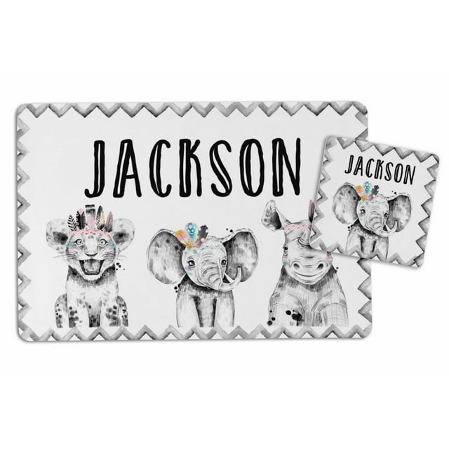 Printtoo Personalized Placemat & Coaster Set For Kids Toddlers,Birthday Gift For Boys,Gift For Girls,Wild Animals-8x11.5 Inch