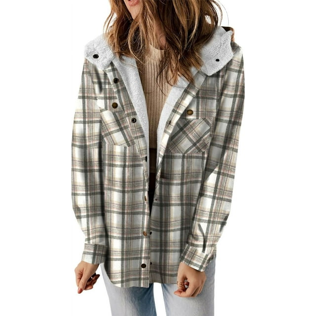 Womens Plaid Shacket Jacket Long Sleeve Button Down Fleece Hooded Jackets Warm Coat