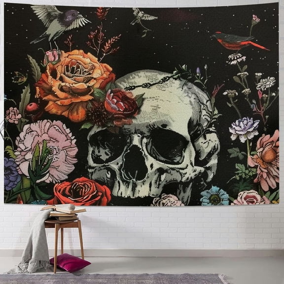 BCIIG Skull Flowers Birds Tapestry Wall Hanging Unique Style Graphic Tapestries Home Wall Decor Art for Living Room Bedroom Farmhouse Dorm 40x30inch