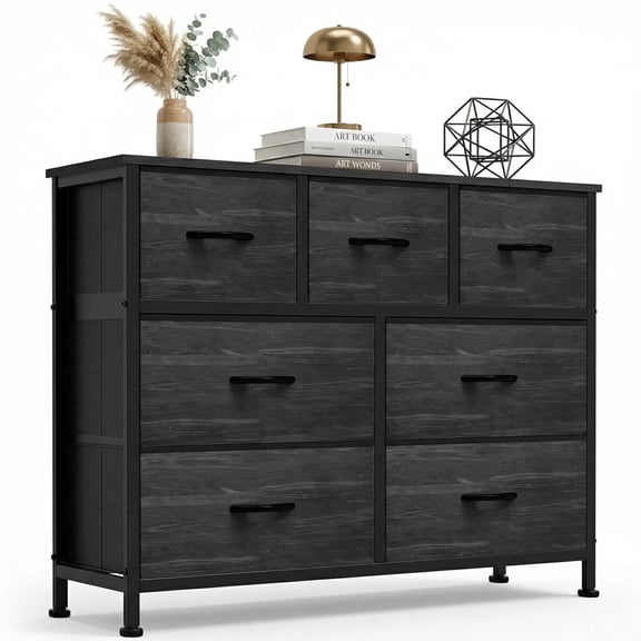 CONCETTA 7-Drawer Fabric Dresser Storage Chest for Bedroom, Closet, Storage Furniture for Adults, Black Wood