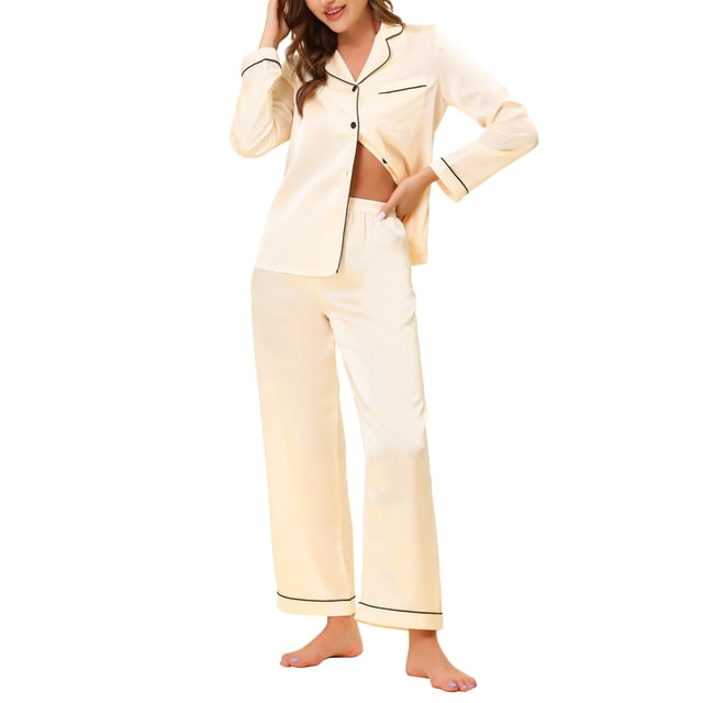INSPIRE CHIC Ensembles de Pyjama en Satin pour Femmes, Hauts à Manches Longues et Pantalons, 2 Pcs Tenue d'Intérieur m Champagne