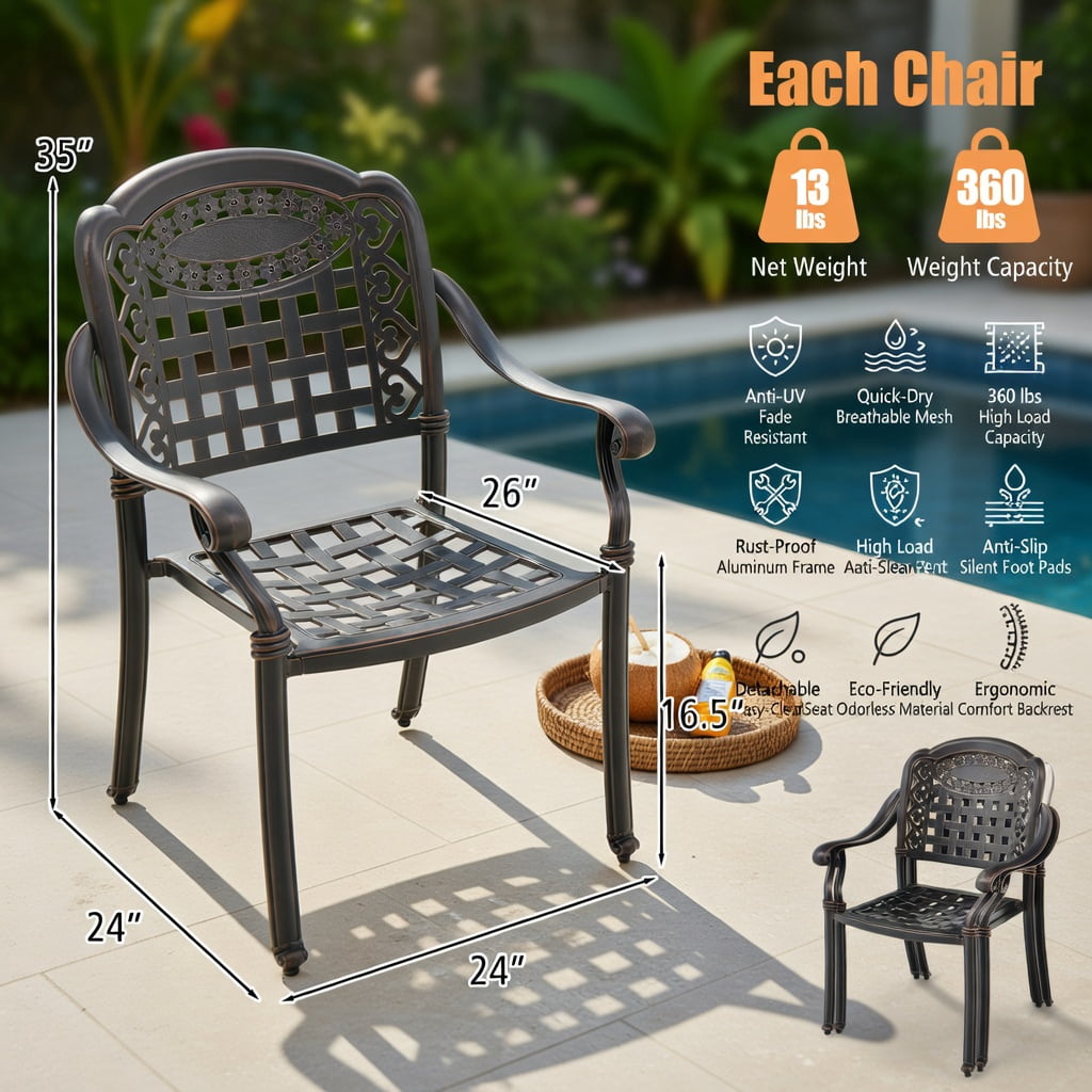 Hommoo 2-Pack Stackable Cast Aluminum Outdoor Patio Dining Chairs with Armrests, All-Weather, Indoor/Outdoor Use, Bronze