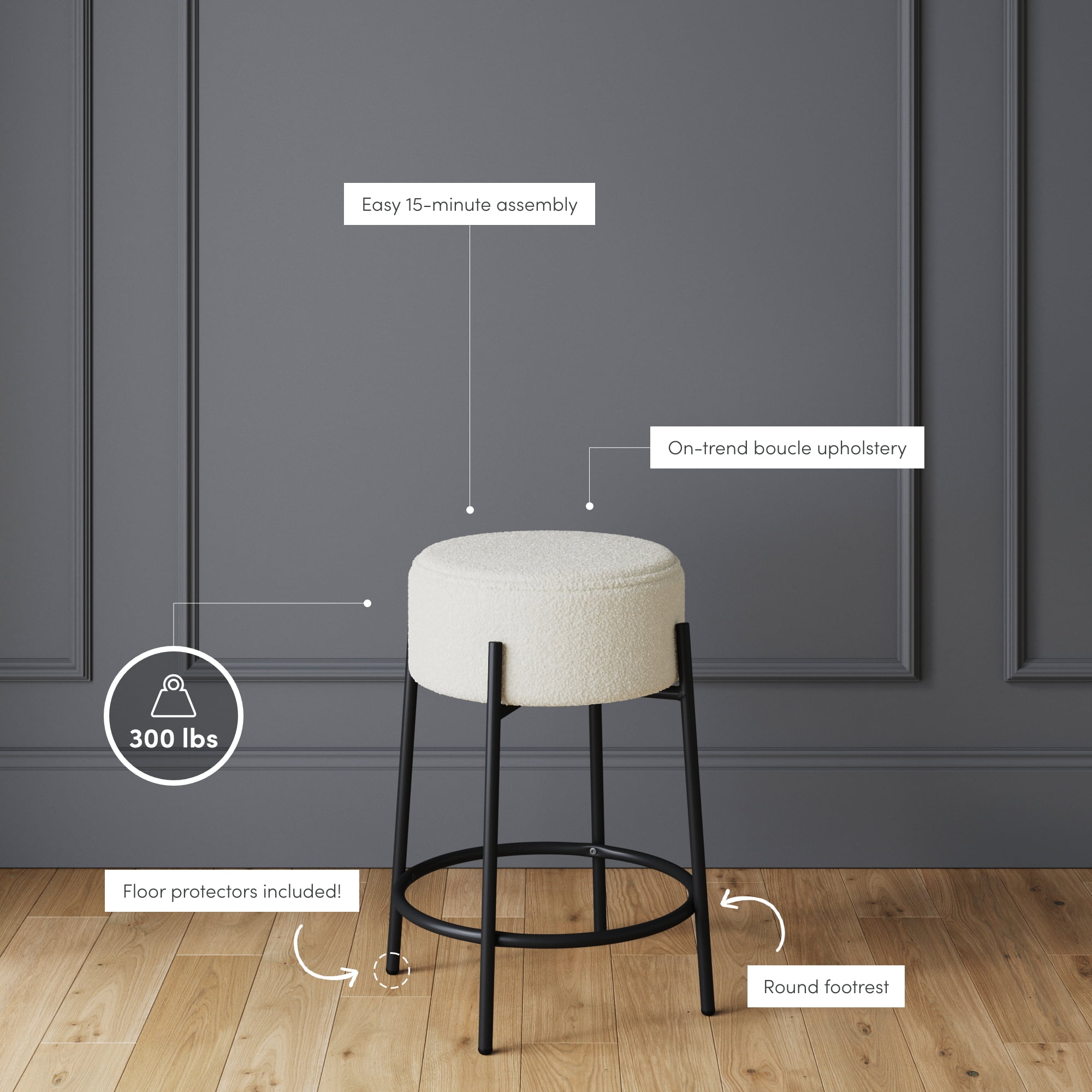 Isaac Modern Backless Bar Stool with Round Soft Padded Boucle Seat