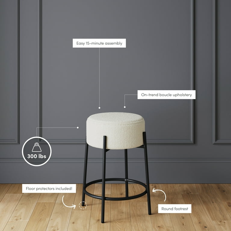 Isaac Modern Backless Bar Stool with Round Soft Padded Boucle Seat and Metal Mid Century Base Boucle White Black Walmart