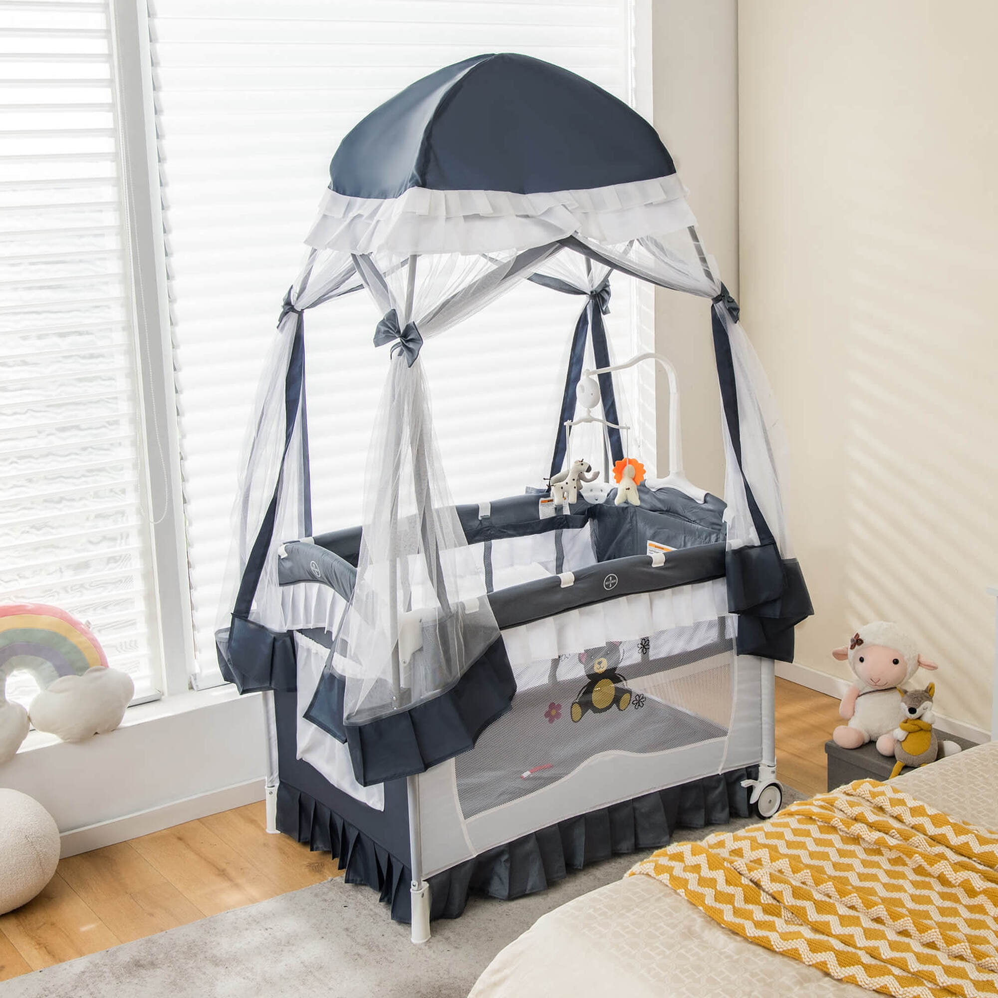 Costway Baby Playard Crib Bed 4 in 1 Portable with Changing Table Canopy Music Box Grey