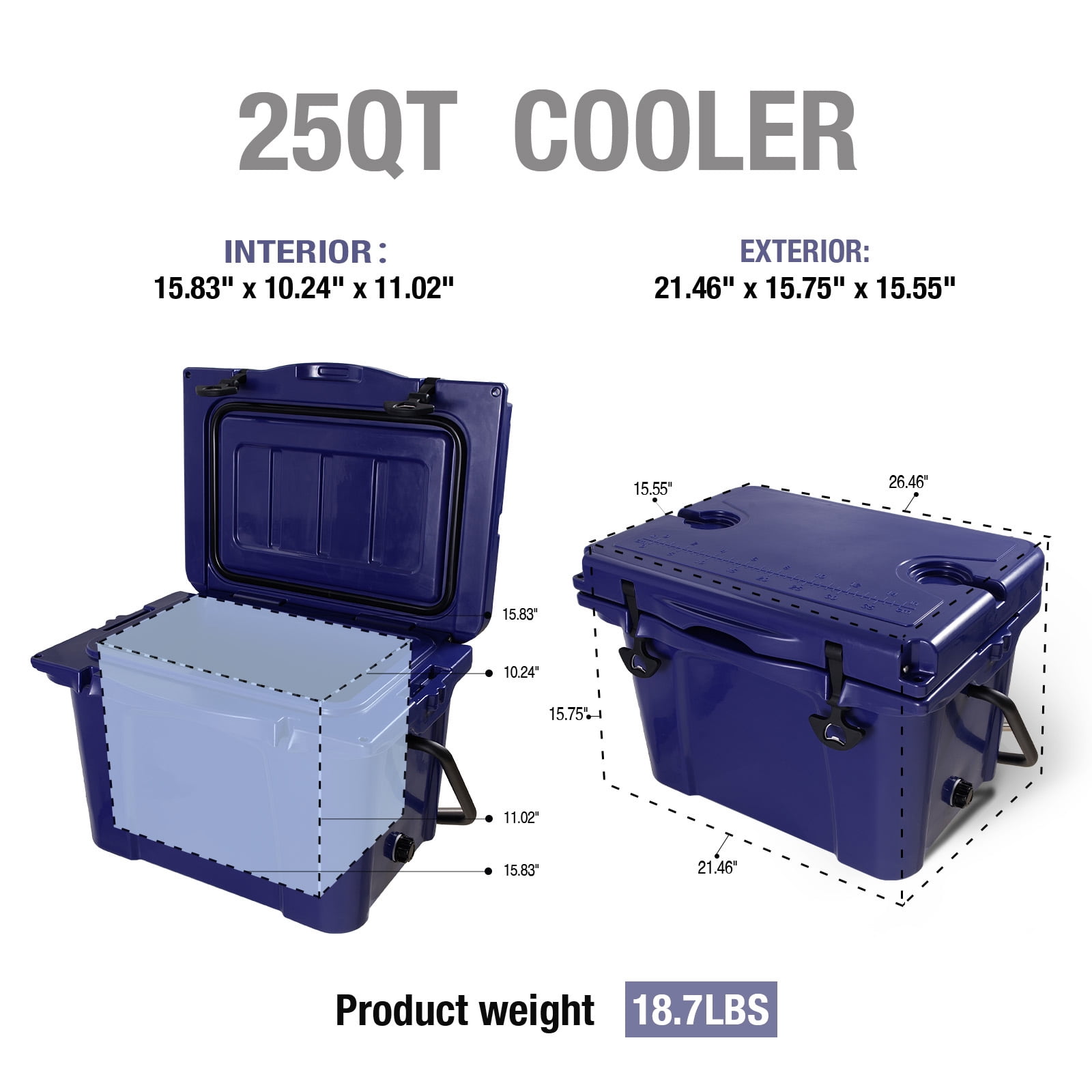 25QT Portable Cooler, Insulated Hard Ice Chest, 5-7 Day Ice Retention, Bottle Opener & Cup Holder for Beach Camping Fishing – Blue