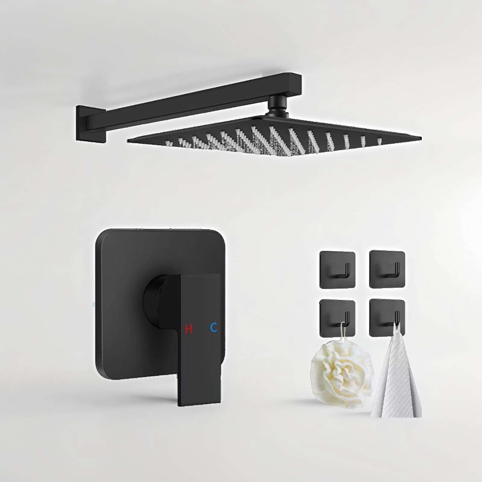 Shower Faucet Set Black Rain Shower Head Combo with Mixer Valve Kit Wall Mounted