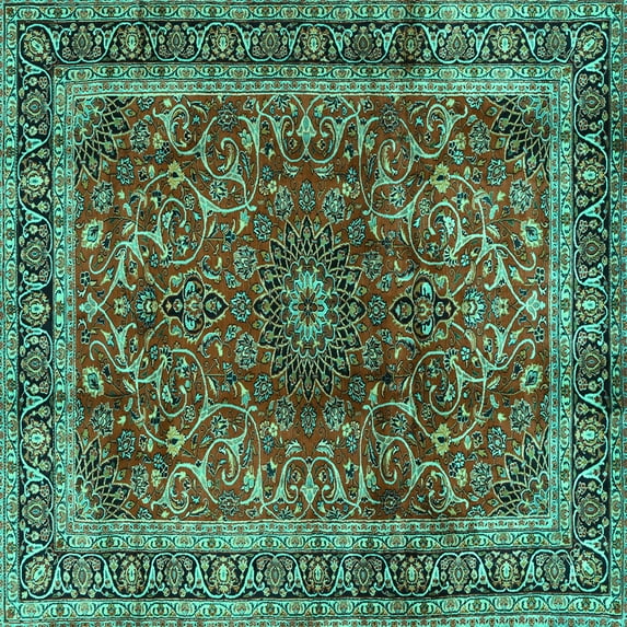 Ahgly Company Machine Washable Indoor Square Persian Turquoise Blue Traditional Area Rugs, 7' Square