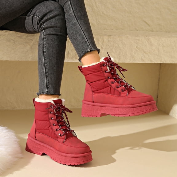 Willtoo Women's Snow Boots, Faux Leather Fluffy Boots for Women, Winter Lined Lace-Up Platform Ankle Boots