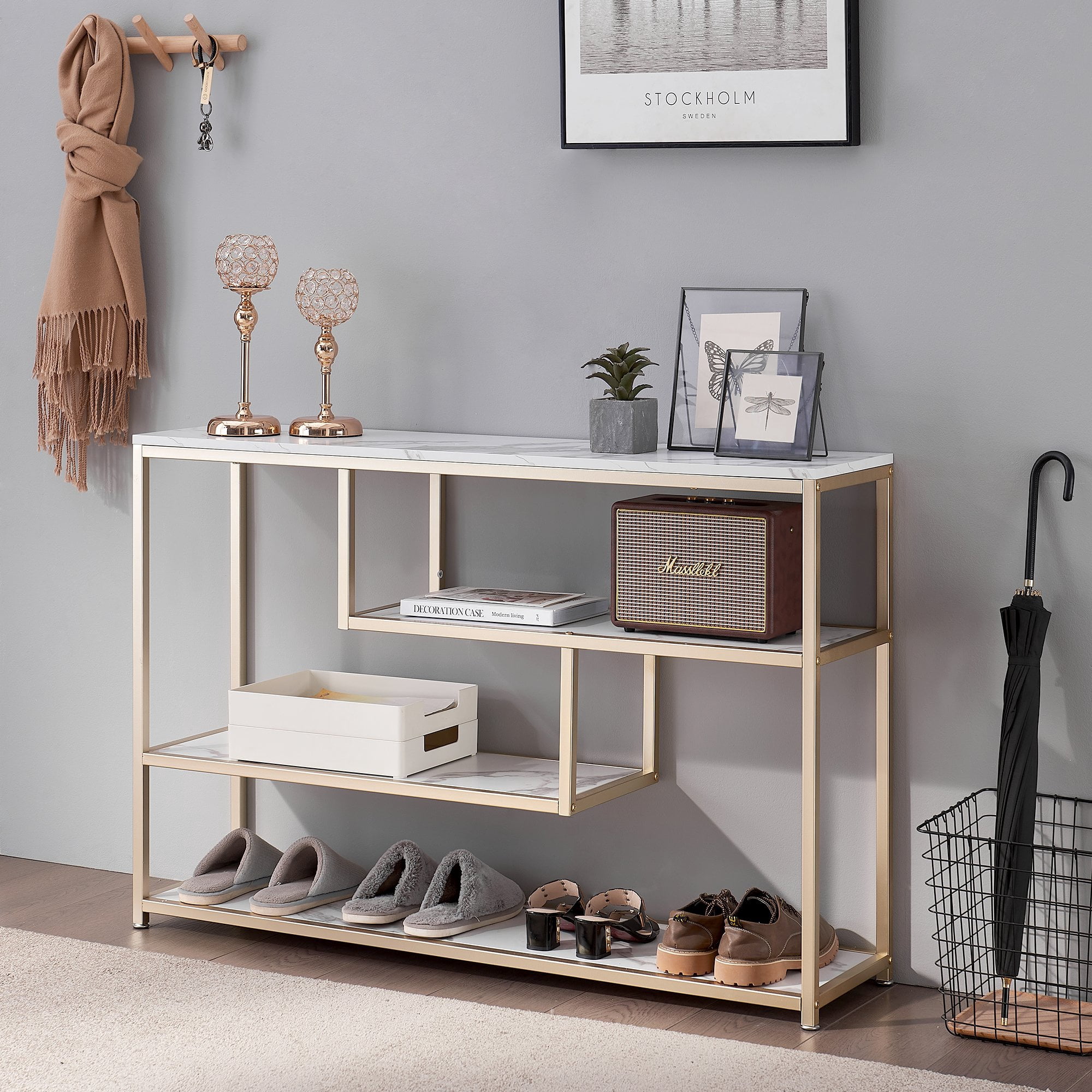 Ivinta 3-Tier White Marble Console Table with Shelves, Entryway Table TV Stand with Gold Metal Frame