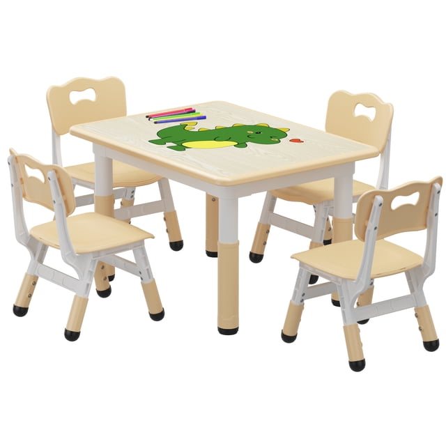 Bingirl Kids Table and 4 Chairs Set Height Adjustable Toddler Table and Chair Set Graffiti Desktop Children Learn Activity Table for Kids Study Table for Home