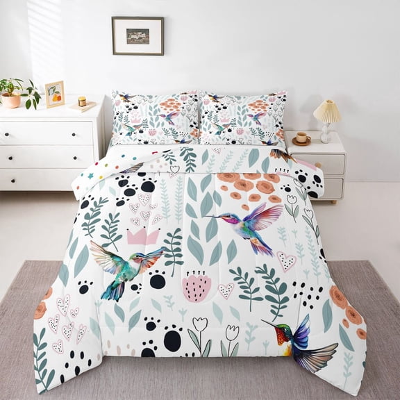 Hummingbird Bedding Set,Cartoon Hummingbird Comforter Set Twin,Cute Love Heart Leaf Flower Comforter Set ,Paw Print Animals Quilt Duvet Insert with 1 Pillow Case