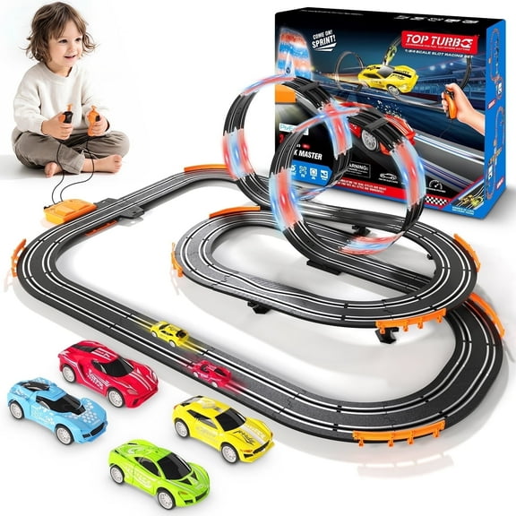 PlyEeight Slot Car Race Track Sets with 4 Slot Cars, LED Dual Race Circular Overpass Track, Battery or Electric Car Race Tracks, Birthday Toys for 4-12 Years Old Kids