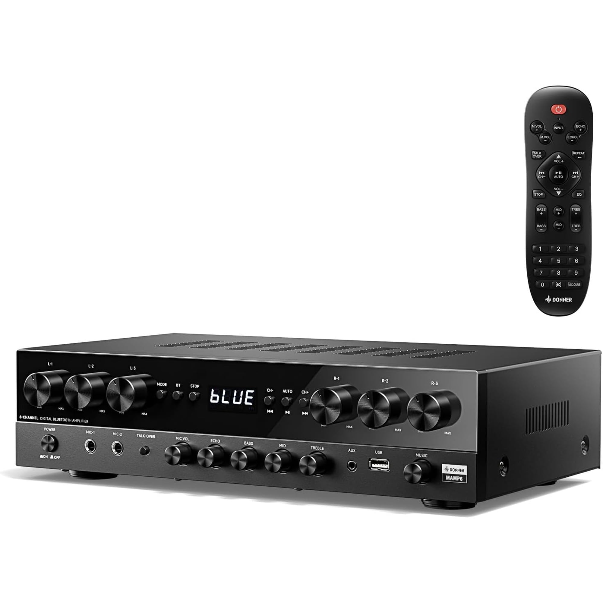Donner Stereo Receivers, Premium 1000W Peak Power 6 Channel Audio Amplifier with Bluetooth 5.3, USB, FM, 2 Mic-in, Echo, RCA, Optical/Coaxial Input for Home, Karaoke, Theater Speakers
