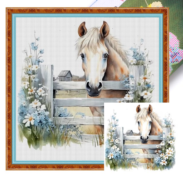 (1) Hilo Algodón Ecológico Bordado 11CT 3 Hebras Impresión Kit Serie Punto Cruz Flores Y Caballos 50x50cm