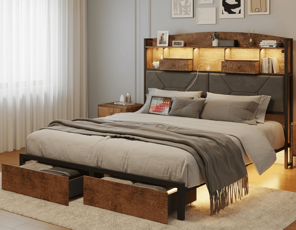 Queen Bed Frame with 4 Storage Drawers, Upholstered Velvet LED Button-Tufted Headboard, and Wooden Slats - No Box Spring Needed, Brown