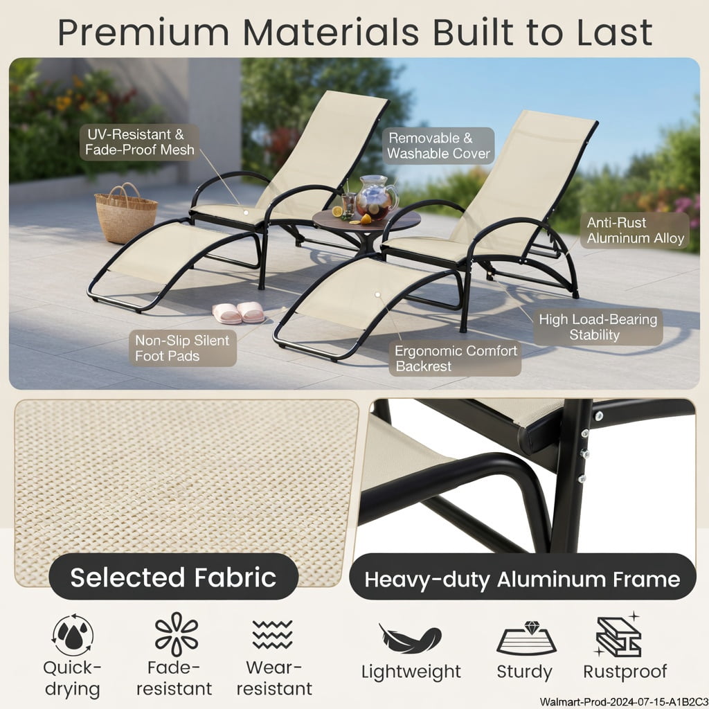 Hommoo 2-in-1 Aluminum Rocking Lounge Chair, 4-Position Adjustable Backrest, Weather-Resistant Patio Chair for Porch, Poolside & Balcony, Beige