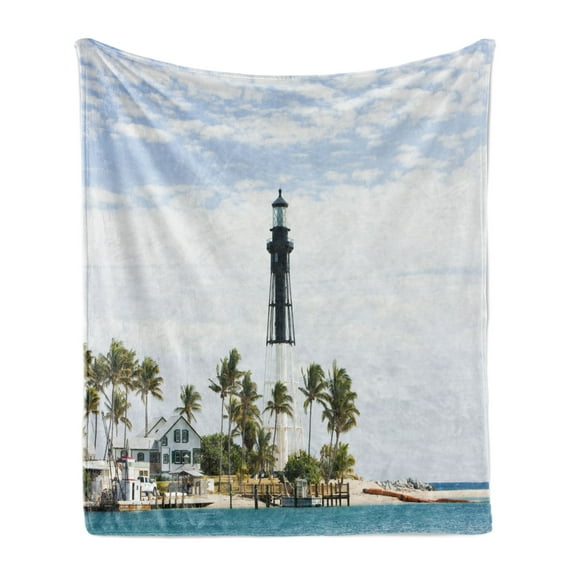 United States Soft Flannel Fleece Blanket, Hillsboro Lighthouse Pompano Beach Florida Atlantic Ocean Palms Coast, Cozy Plush for Indoor and Outdoor Use, 60" x 80", Blue White Green, by Ambesonne
