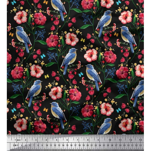 Soimoi Black Georgette Viscose Fabric Insect,Floral & Bluebird Bird Printed Fabric 1 Yard 42 Inch Wide