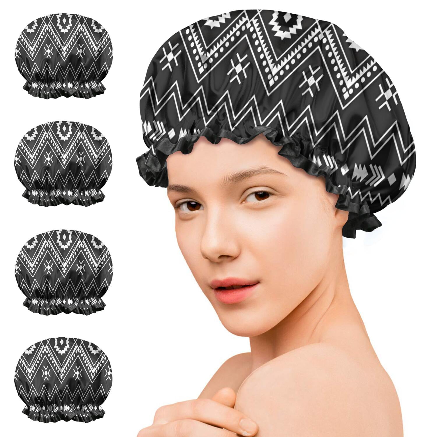 Shower Caps,Black Geometric Striped Pattern Waterproof Shower Cap for Women 4 Pieces,Double Reusable Hair Cover for Shower PEVA Elastic Stretch Hem
