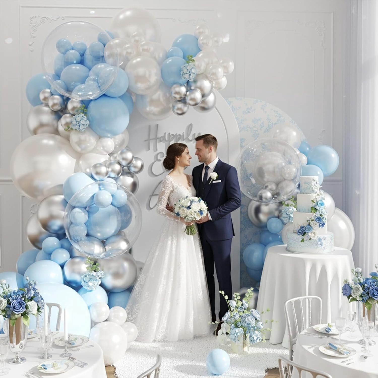 Blue and Silver Balloon Arch Kit Blue Pearl White Clear Balloon Garland Kit for Wedding Birthday Baby Shower Gender Reveal Bridal Engagements Decorations