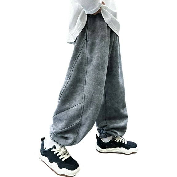 VNKIDY Boys Pants Fall Winter Kids Solid Color Washed Elastic Waisted Sweatpants Loose Fit Casual Joggers For Daily Street Fashion Wear Versatile Trousers