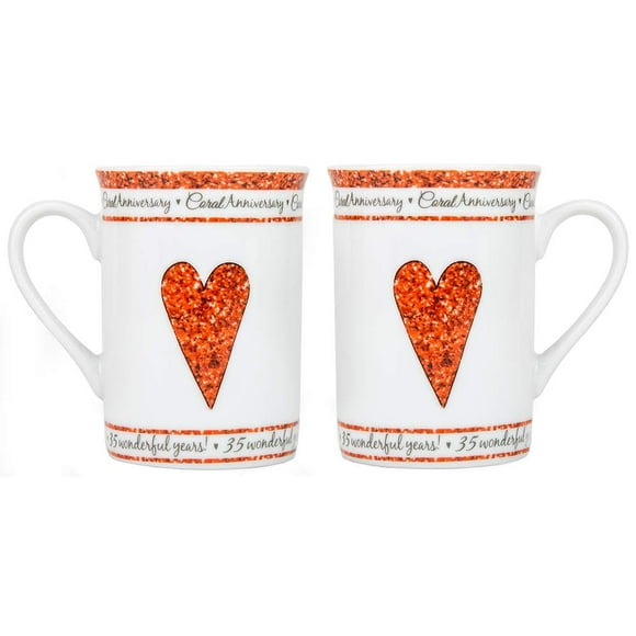 Beautifully Designed 35th Coral Wedding Anniversary Set of Ceramic Mugs with Hearts | Dishwasher and Microwave Safe with Decorative Keepsake Box