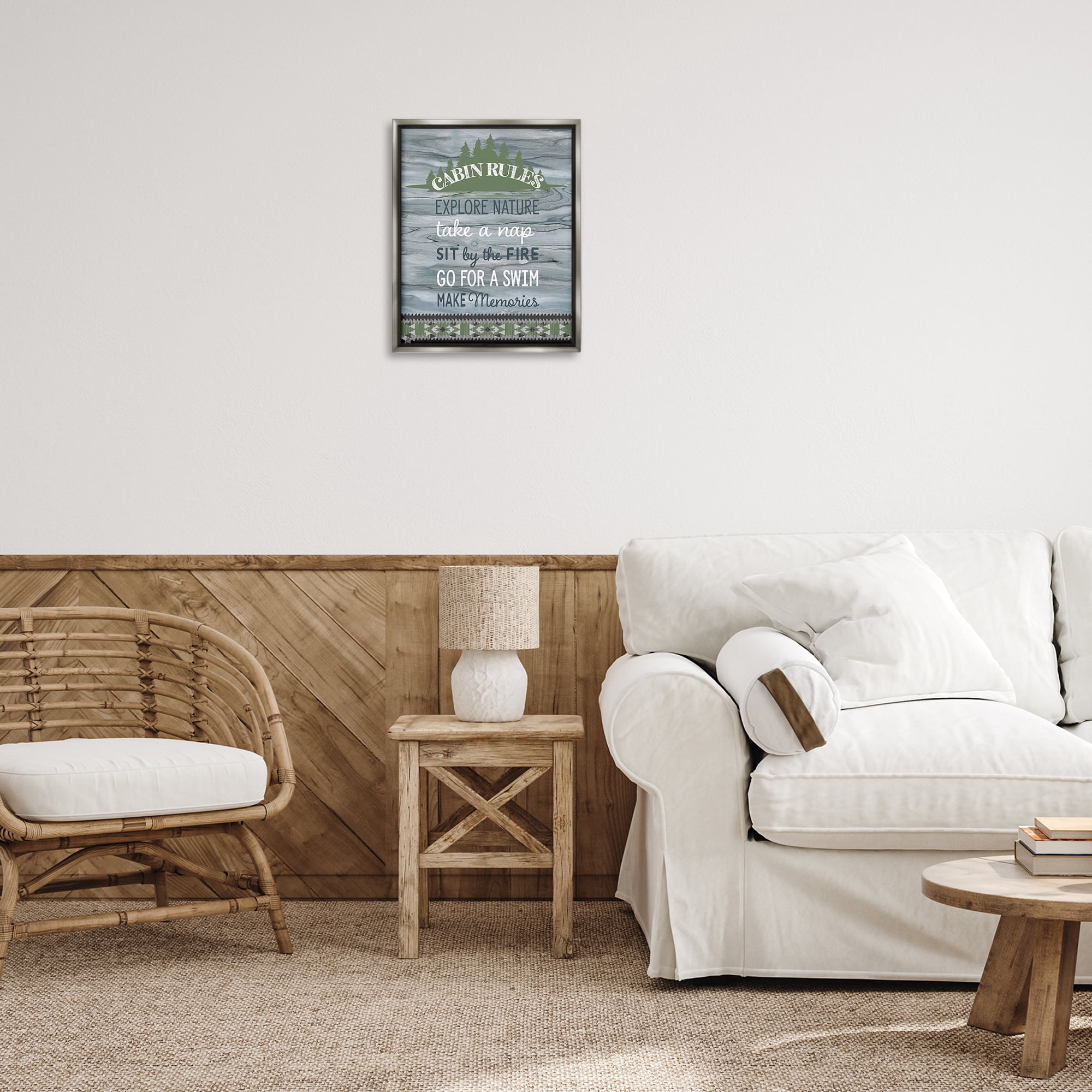 Stupell Industries Cabin Rules with Rustic Pattern Text & Numbers Painting Gray Floater Framed Canvas Art Print Wall Art, 17 x 21