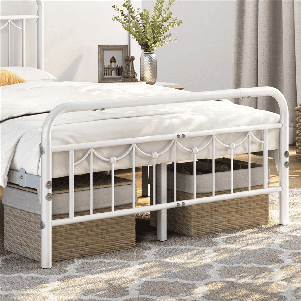 Alden Design Metal Platform Bed Frame for Adult with Vintage Headboard and Footboard, Full, White