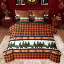 Manfei Jungle Bear Pine 7pcs Bedding Comforter Set,Rustic Western Aztec Queen Bedding Sets,Orange Black Grid Queen Sheet Sets For Boy,Microfiber Bedroom Decor Reversible