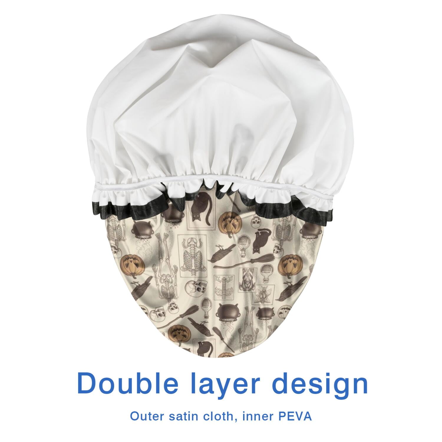 Shower Caps,Beige Halloween Skull Pumpkin Cat Pattern Waterproof Shower Cap for Women 4 Pieces,Double Reusable Hair Cover for Shower PEVA Elastic Stretch Hem