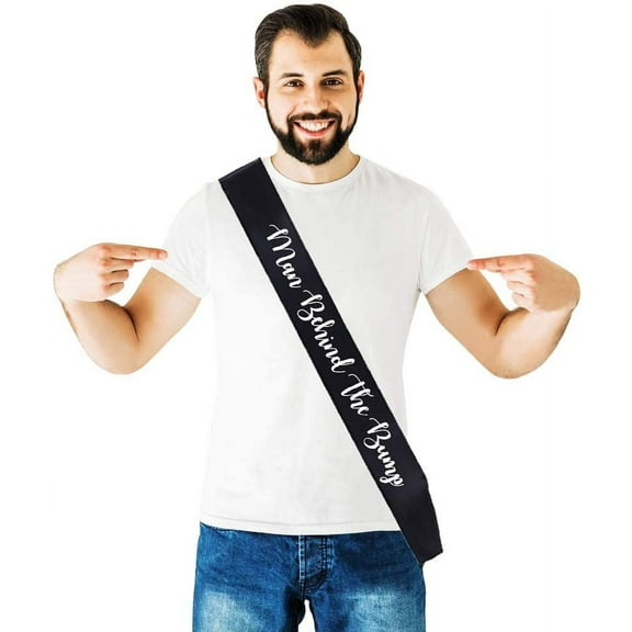 Brosash Man Behind The Bump Funny Baby Shower Sash for Daddy - White Baby Shower Party Sash for Dad to Be