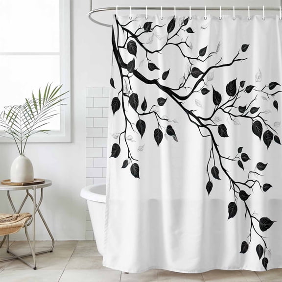 Black Botanical Waterproof Shower Curtain, Extra Large 72"x96" Washable Polyester Fabric Shower Curtains for Bathroom, Watercolor Summer Botanical Decorative Bathtub Curtain Sets with Hooks
